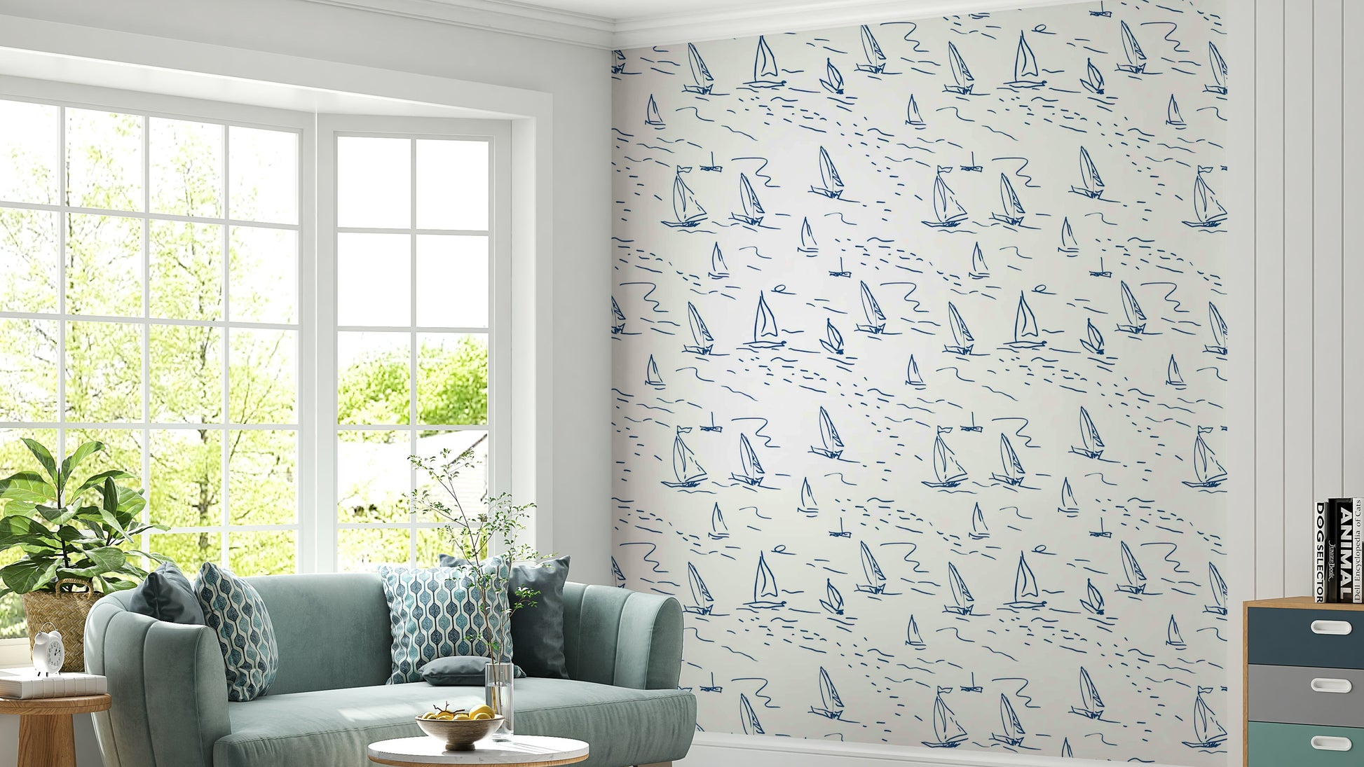A modern living room with nautical wallpaper

