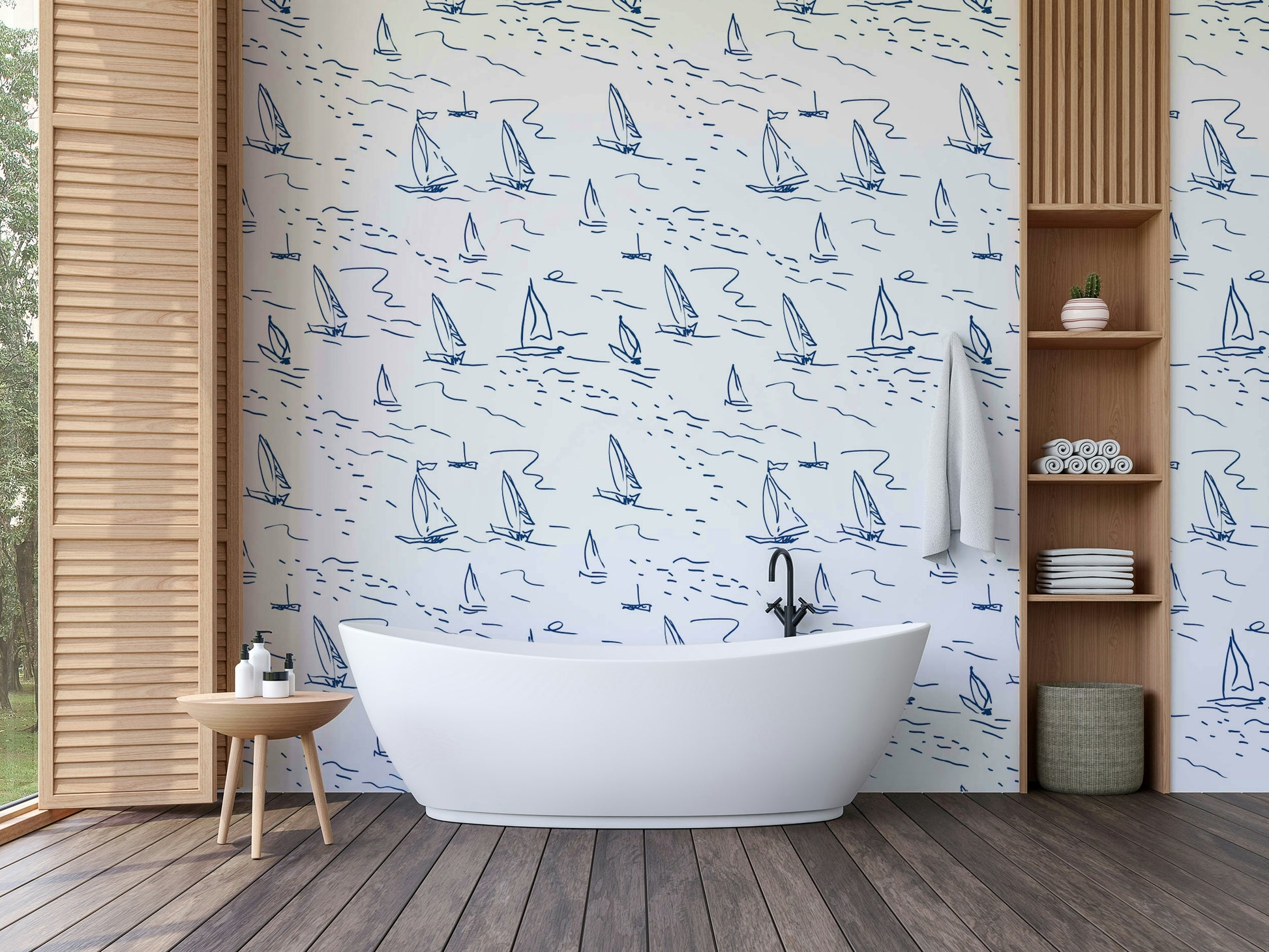 Study with a sketched sailboats wall mural

