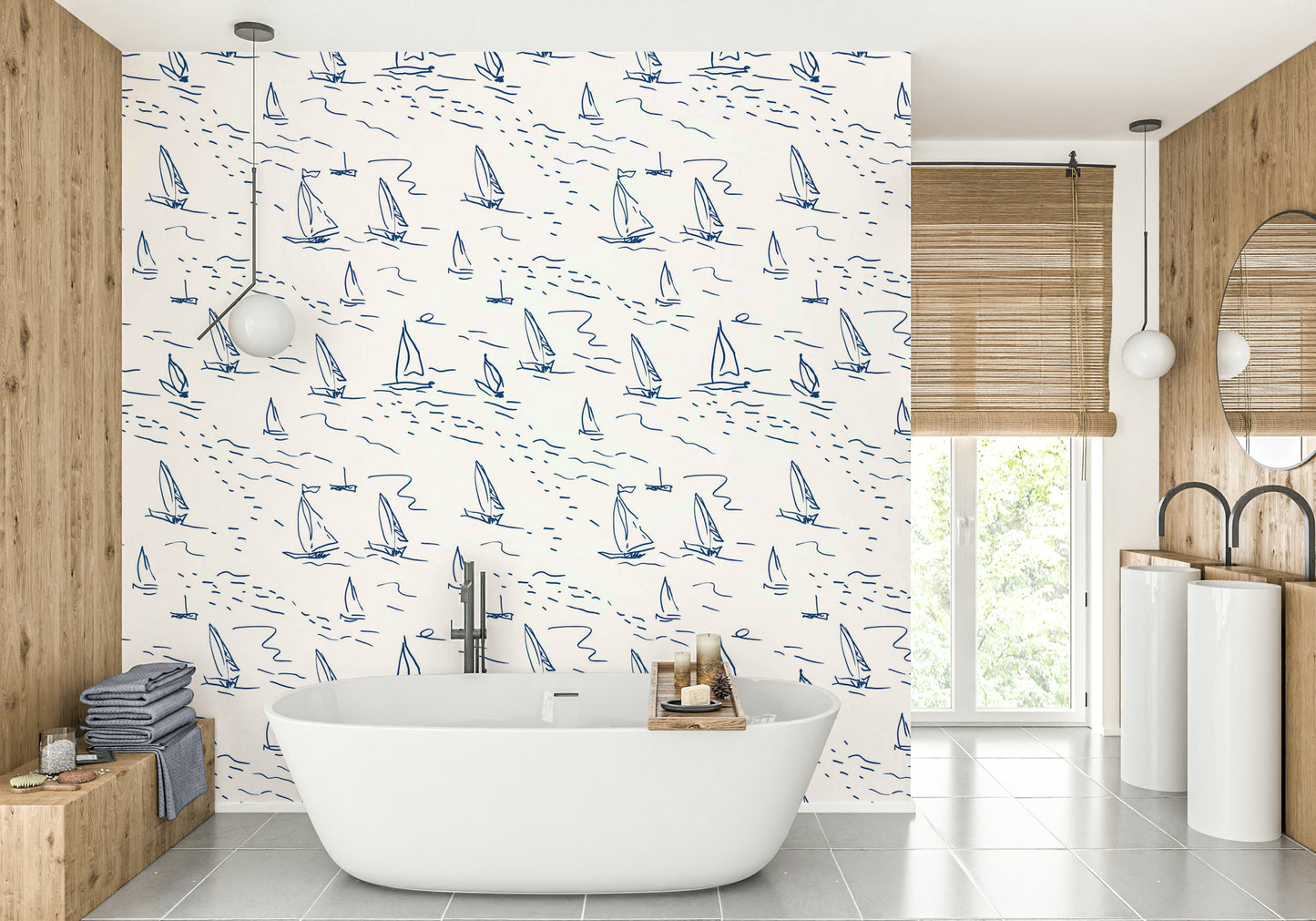 A bathroom decorated with sailboat wallpaper

