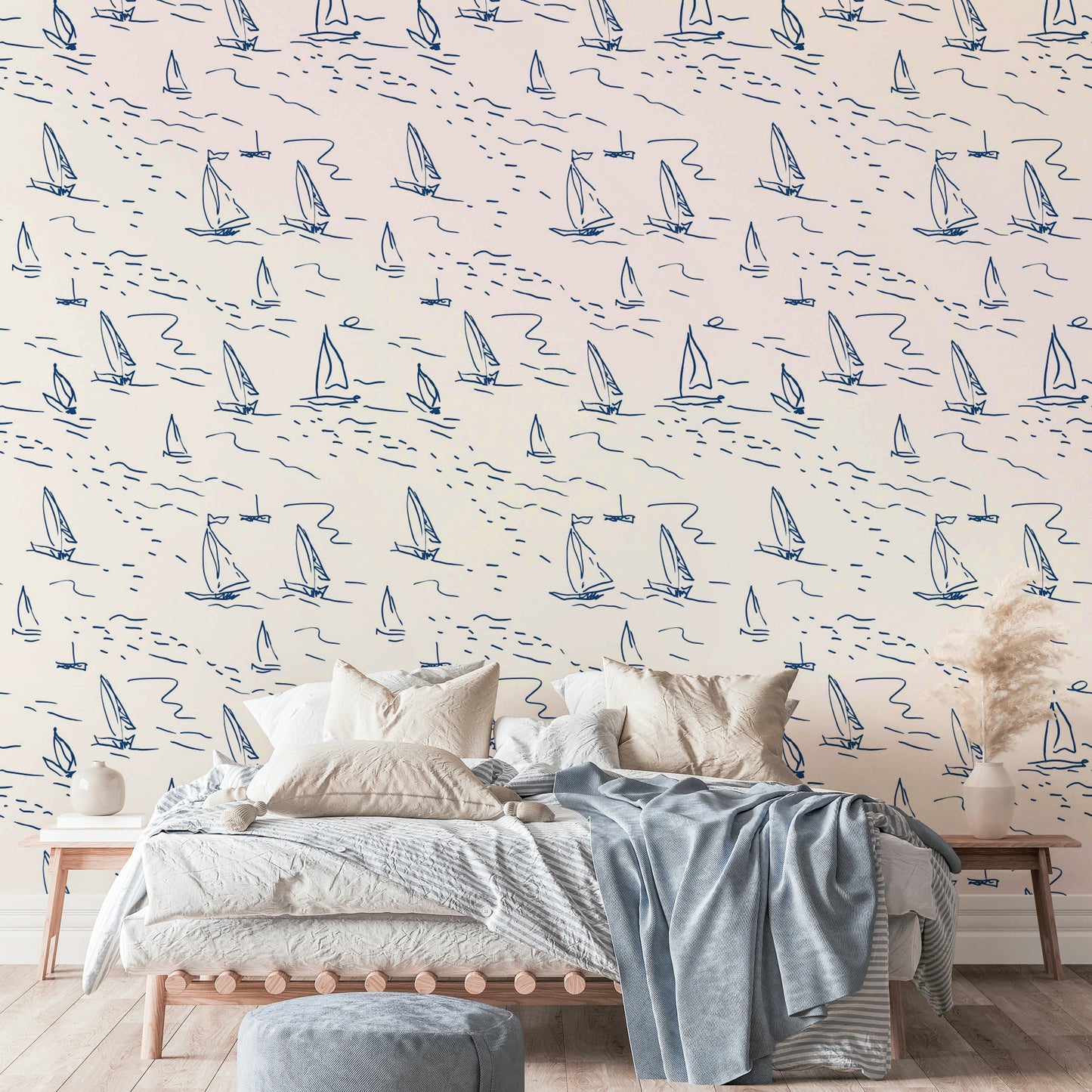 Sketched sailboats wallpaper on a wall


