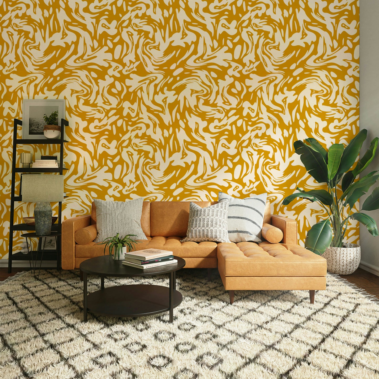 A full-wall mural showing a pattern of abstract swirls.
