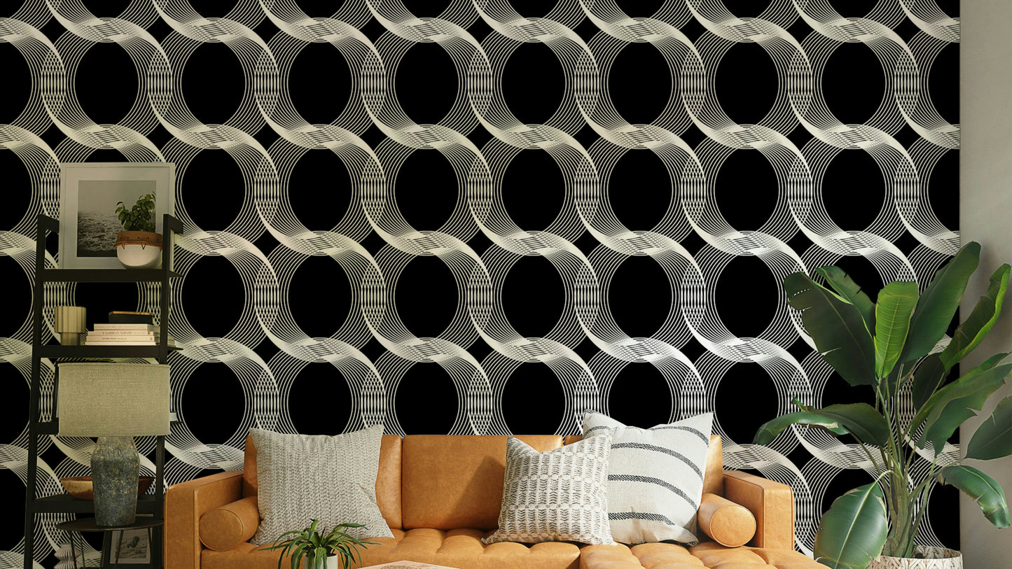 A full-wall mural of a modern, geometric pattern.
