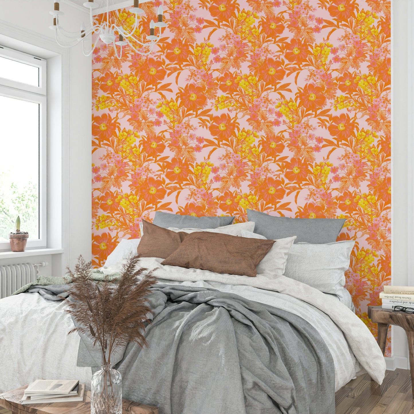 A dining area decorated with a floral mural

