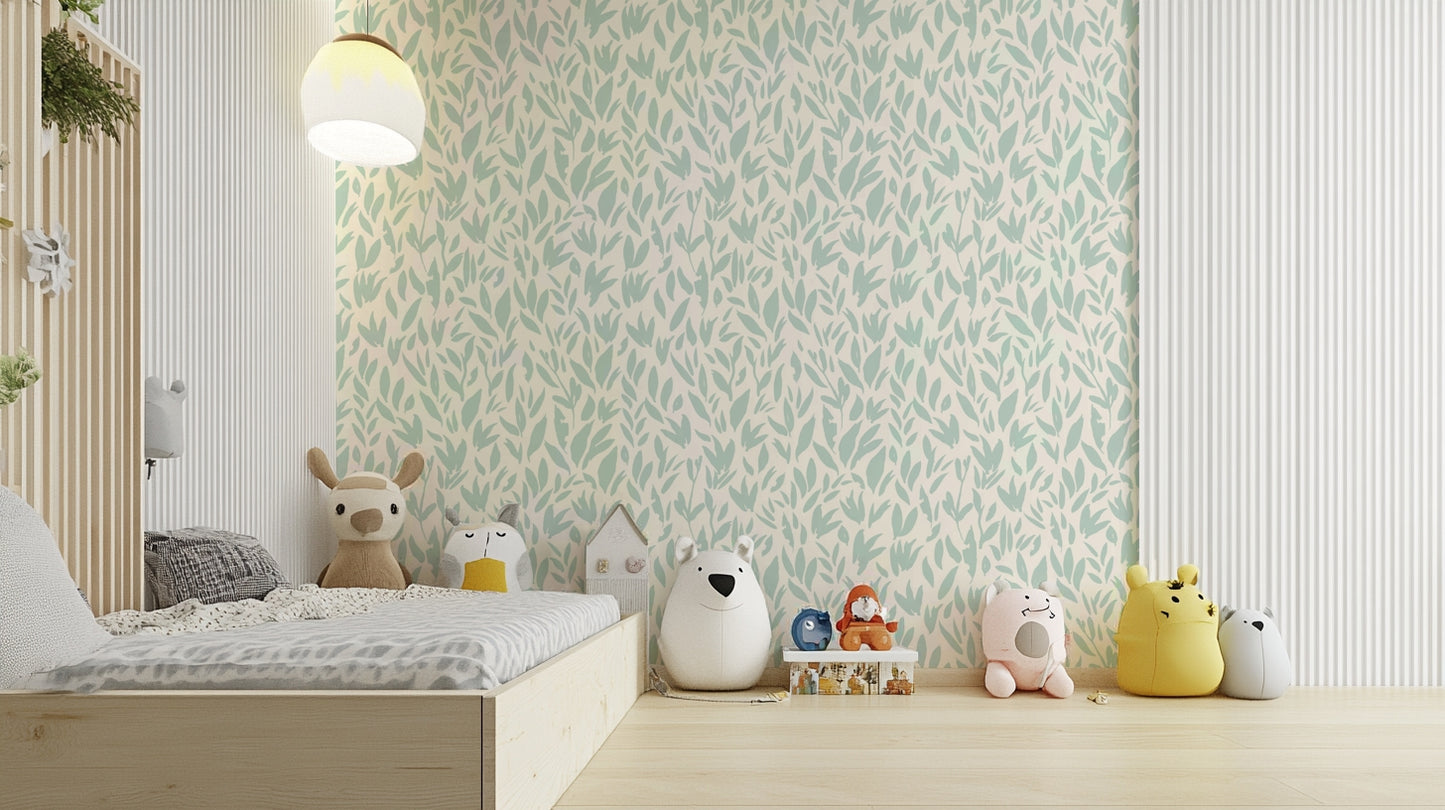 Wallpaper with a gentle green leaf design

