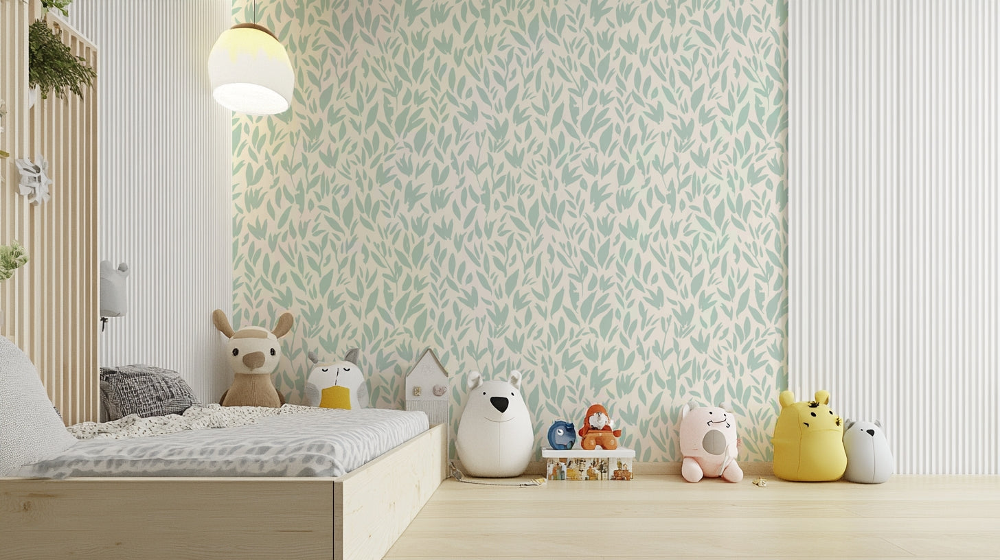 Wallpaper with a gentle green leaf design

