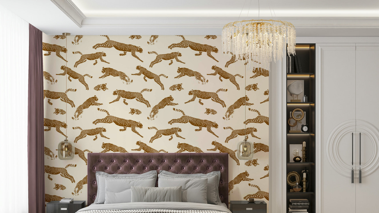 An angled shot of a wall with animal wallpaper

