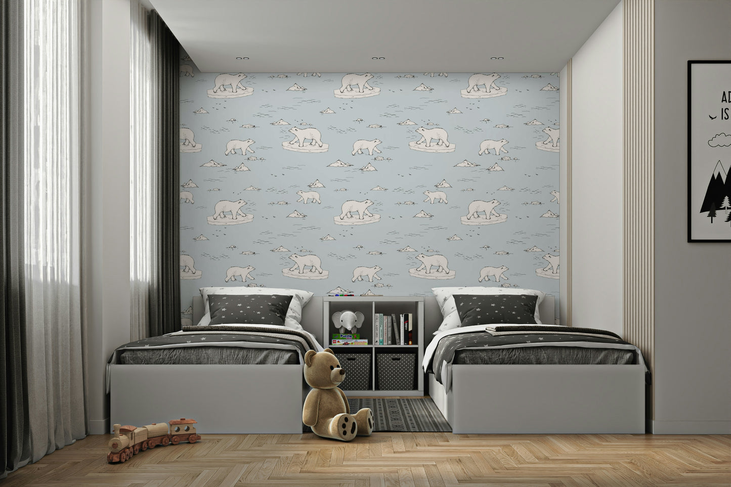 A child's room with a simple bear design

