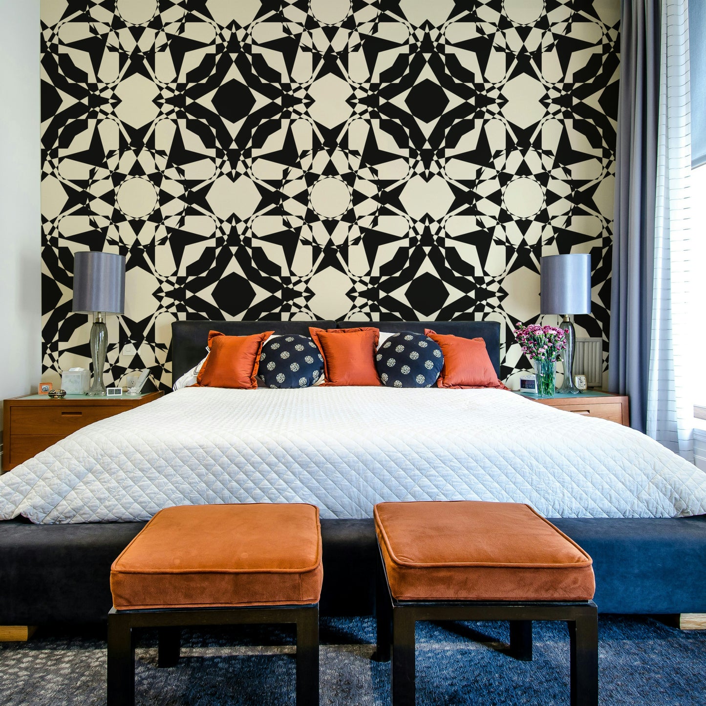 Kaleidoscope wallpaper on a living room wall

