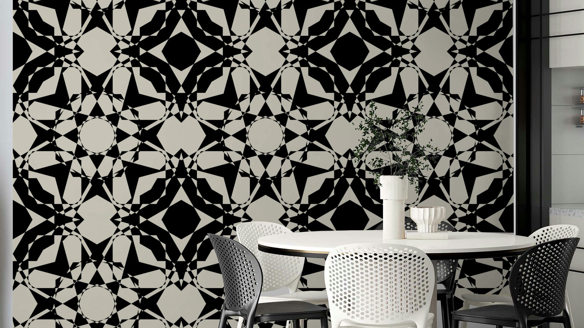 An angled shot of a wall with abstract wallpaper

