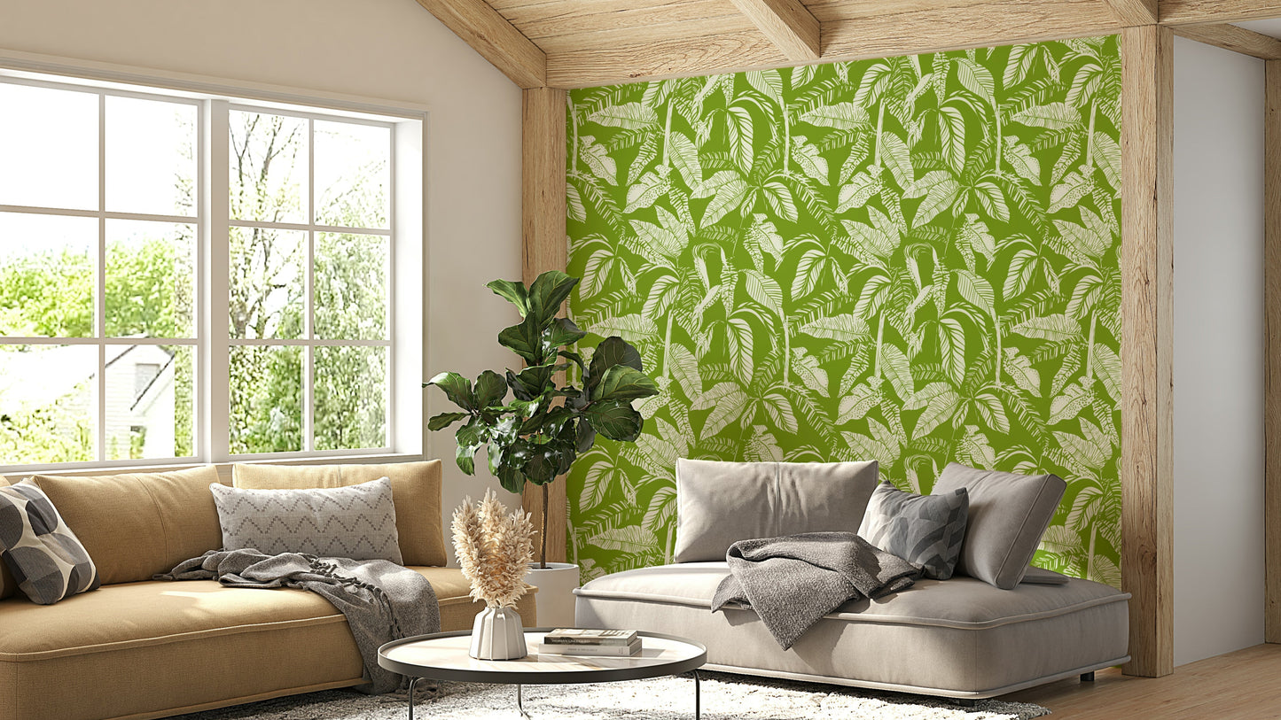 A sunroom decorated with a tropical mural

