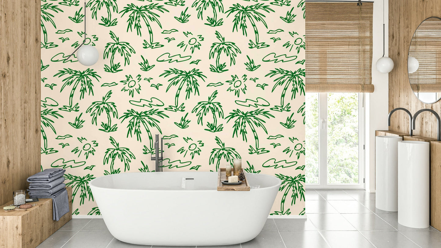 Hand drawn tropical palms wallpaper on a wall

