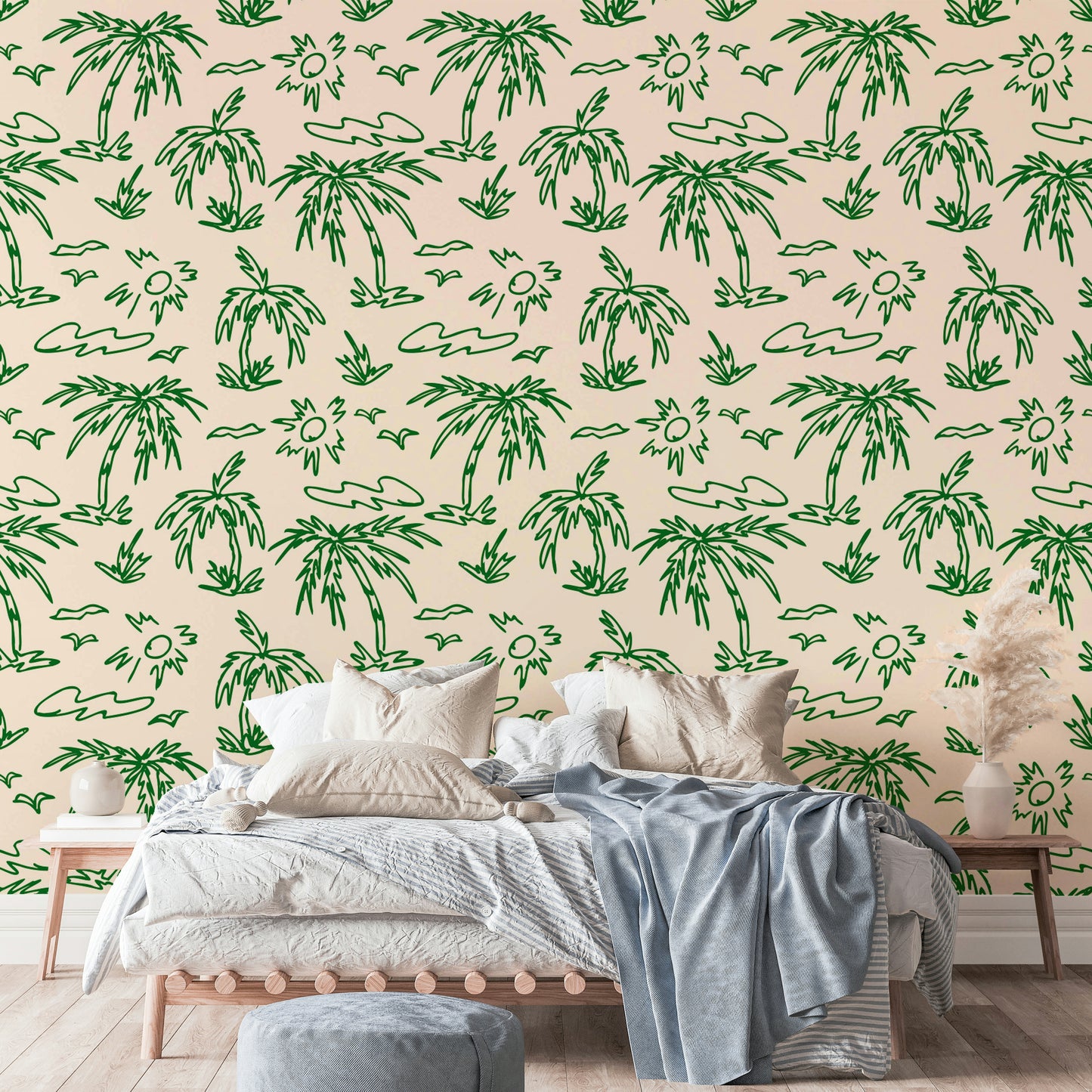 Wallpaper with a simple line art tropical design

