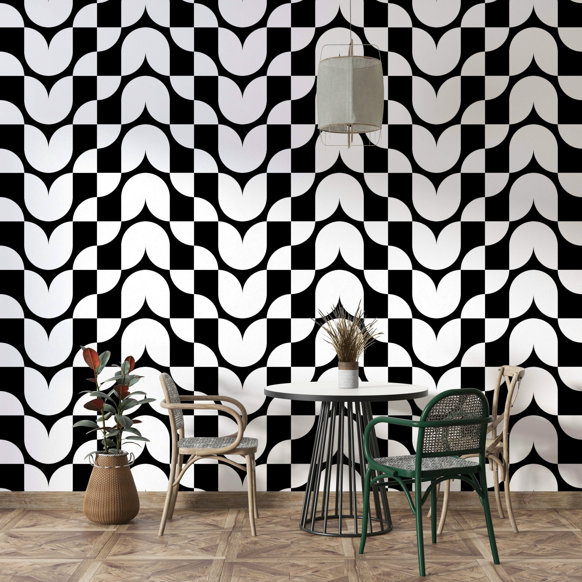 Geometric Tulips wallpaper on a living room wall

