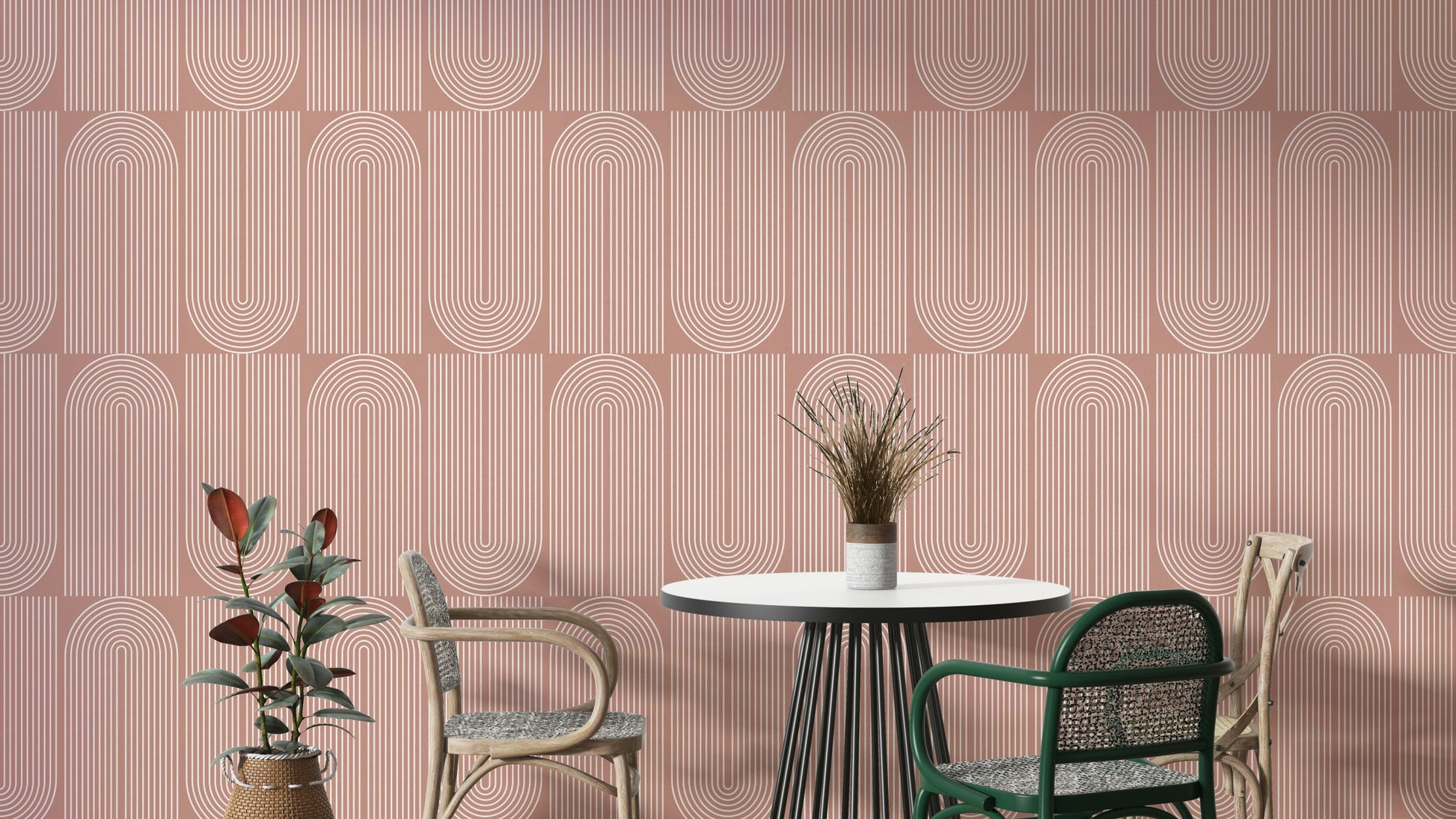 Creamy Geometric Outlined wallpaper on a living room wall

