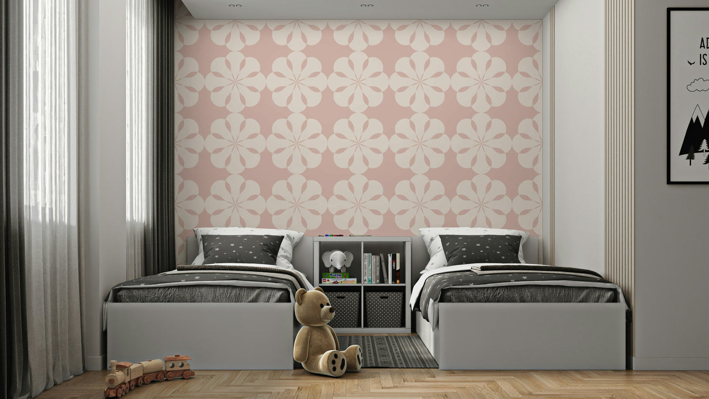 An angled shot of a wall with flower wallpaper

