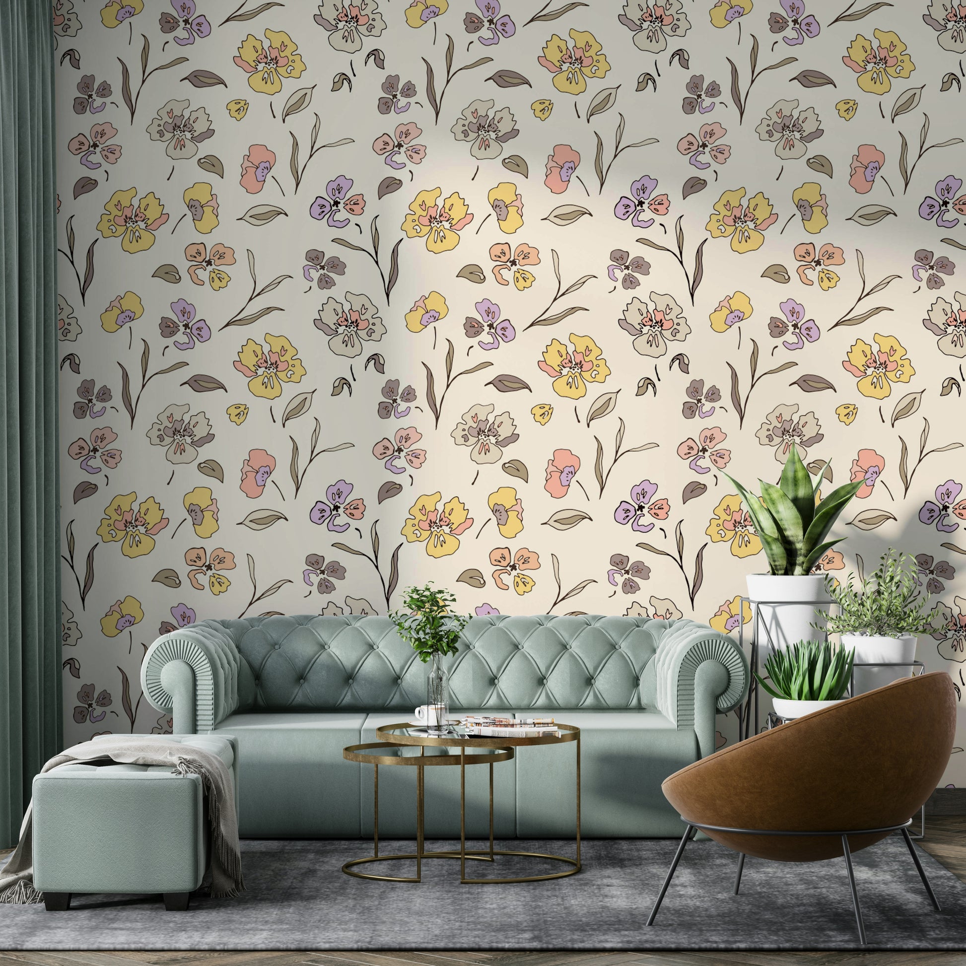 A full-wall mural showing a scene of garden violets.
