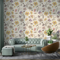 A full-wall mural showing a scene of garden violets.
