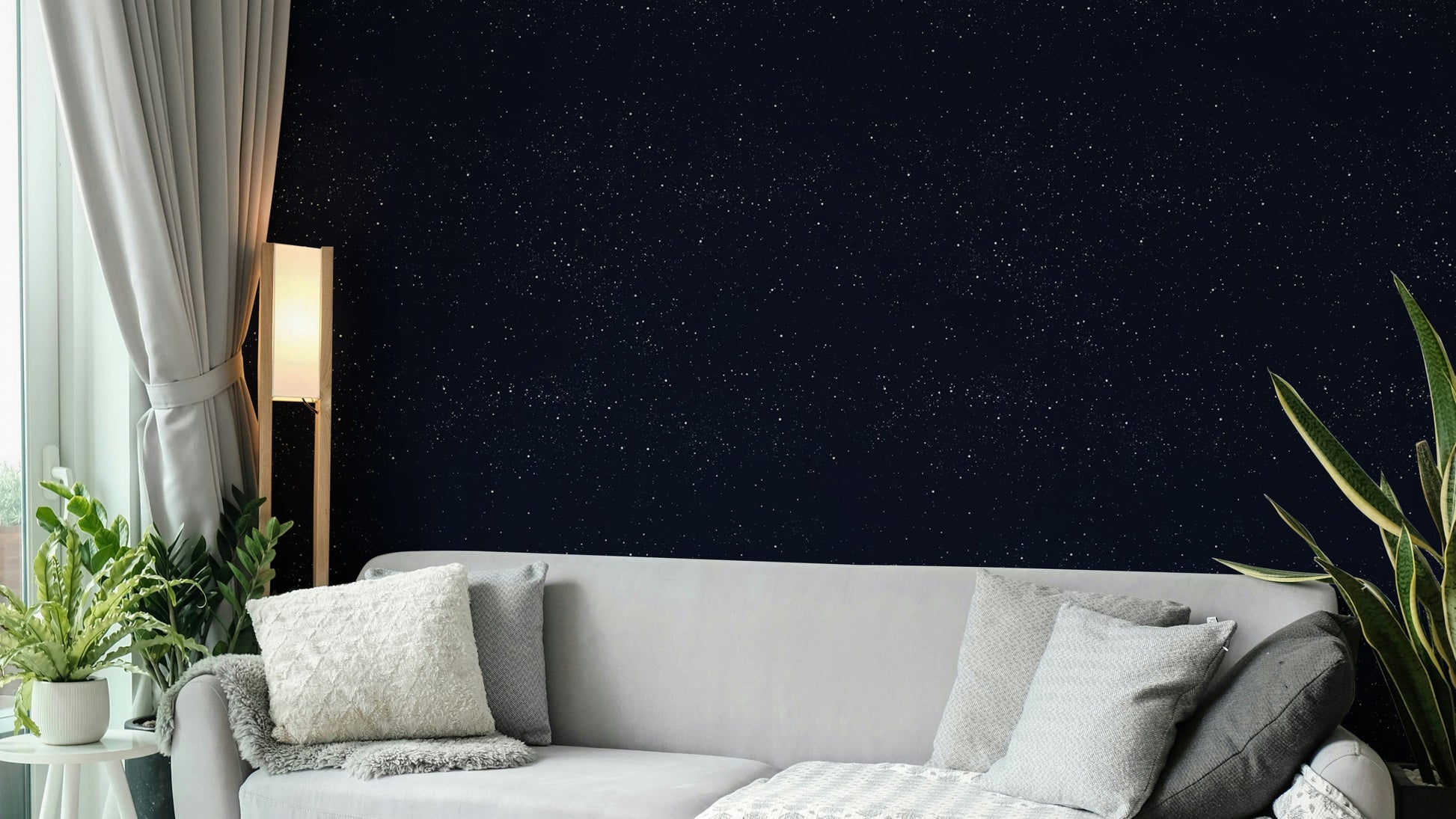 A full-wall mural of a serene galaxy scene.
