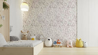 An angled shot of a wall with peaceful wallpaper

