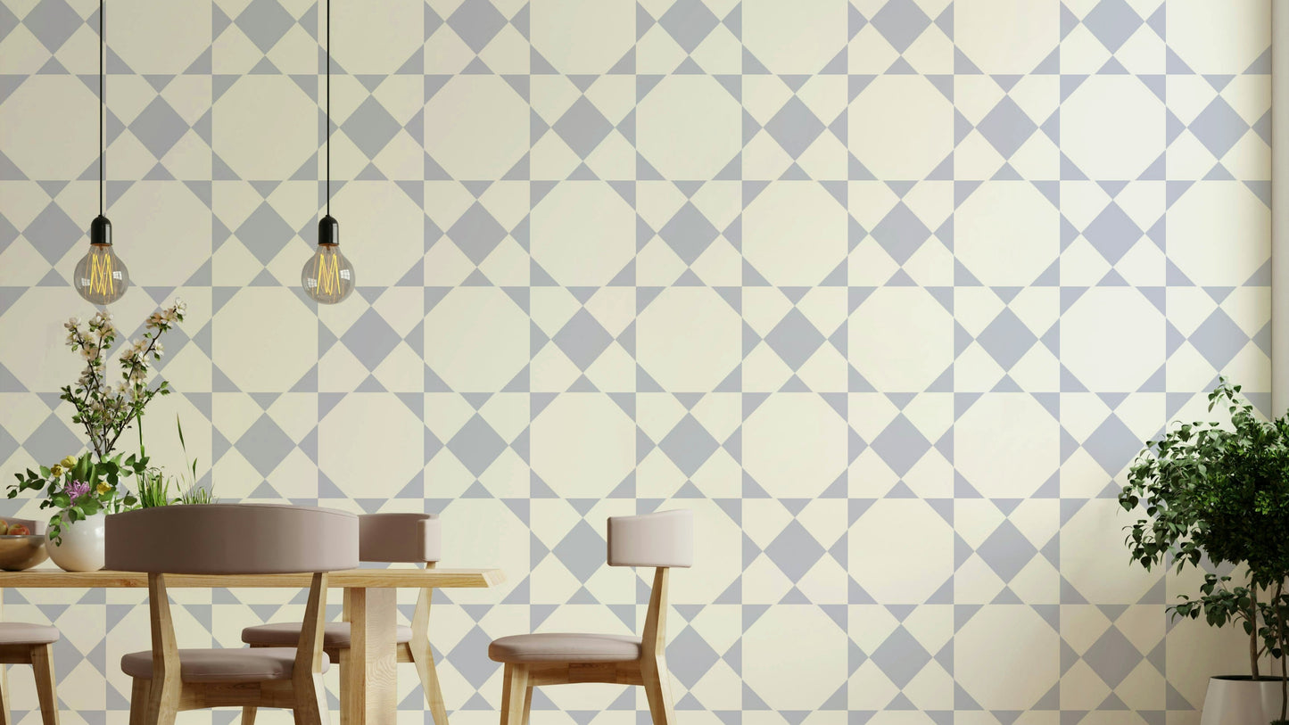 An angled shot of a wall with tiled wallpaper

