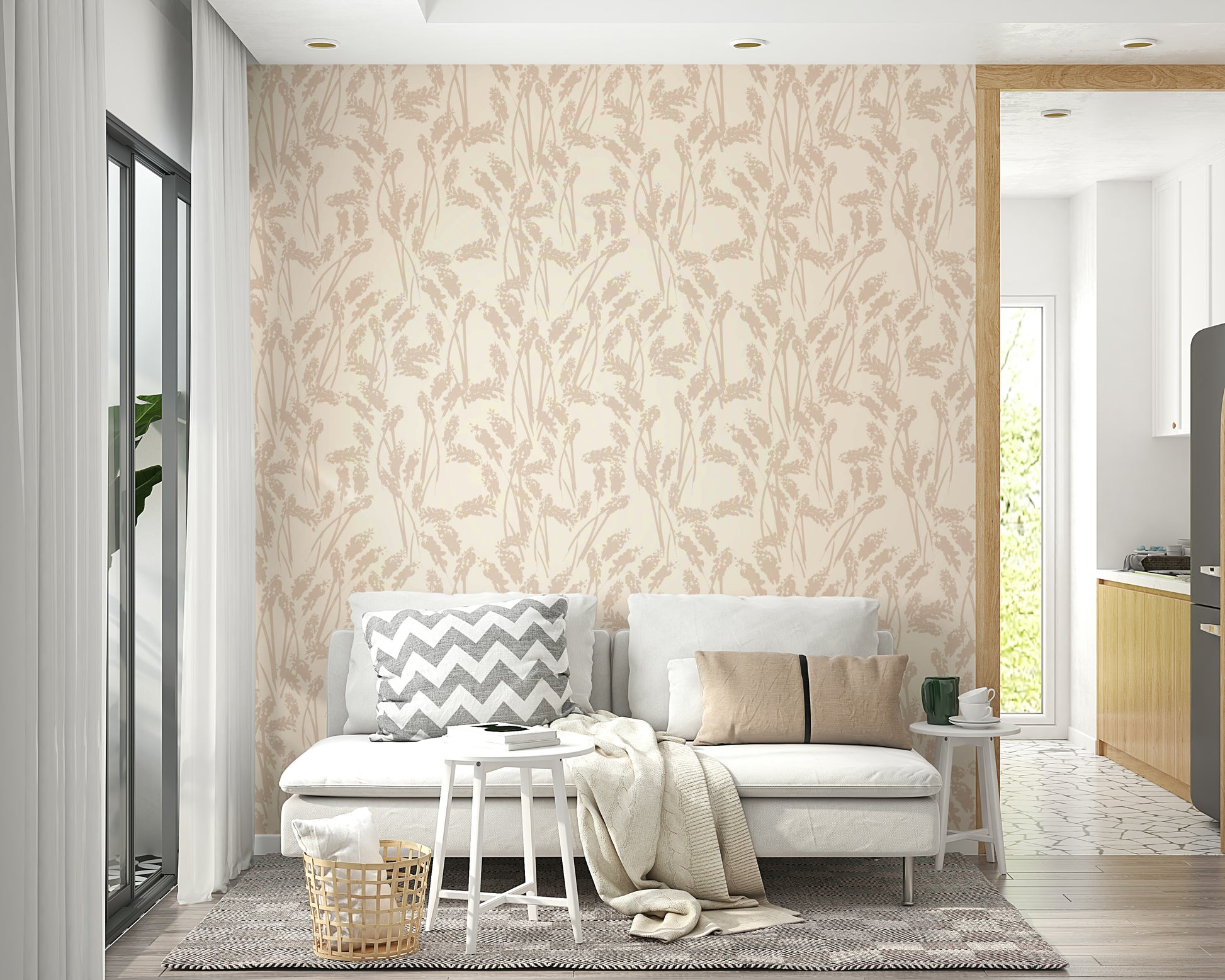 Beige Grasses Wallpaper on a living room wall

