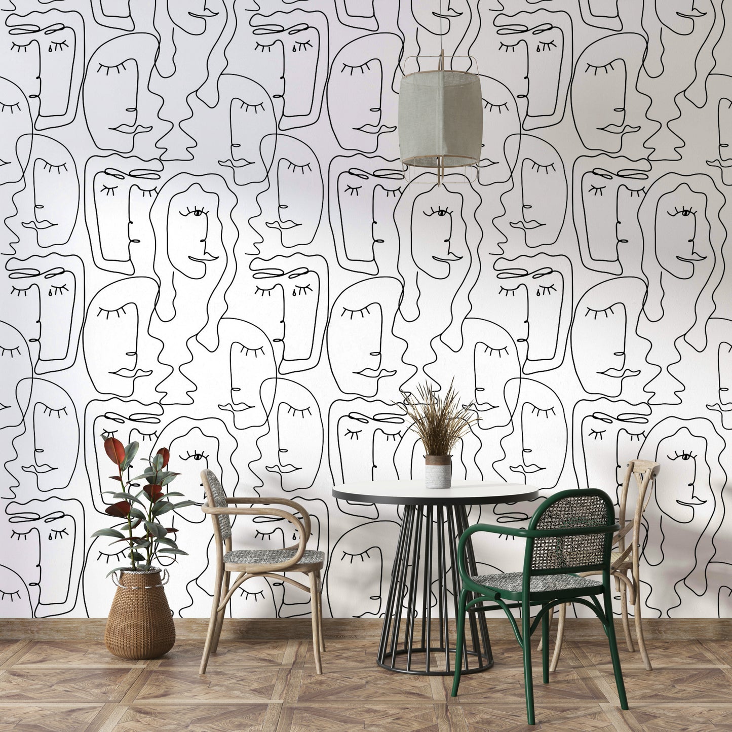 Wallpaper with a unique, hand-drawn face design

