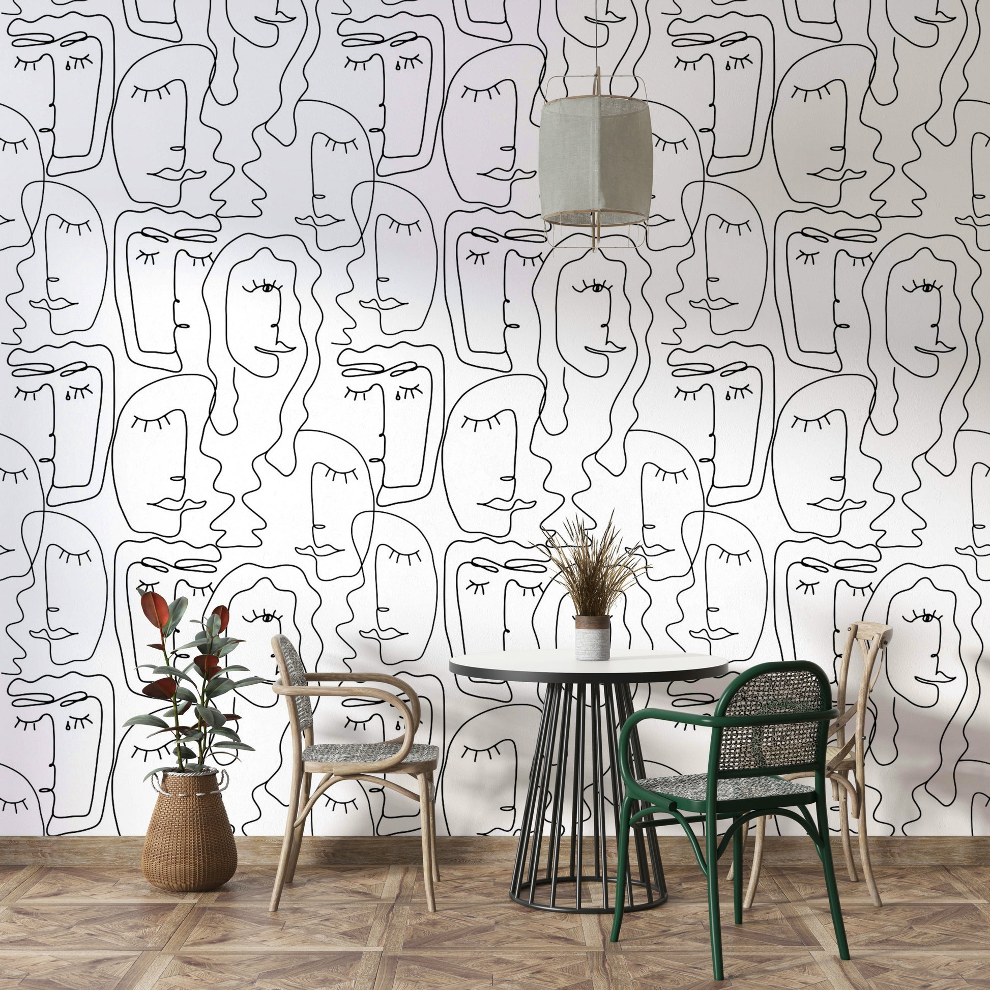 Wallpaper with a unique, hand-drawn face design

