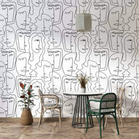 Wallpaper with a unique, hand-drawn face design

