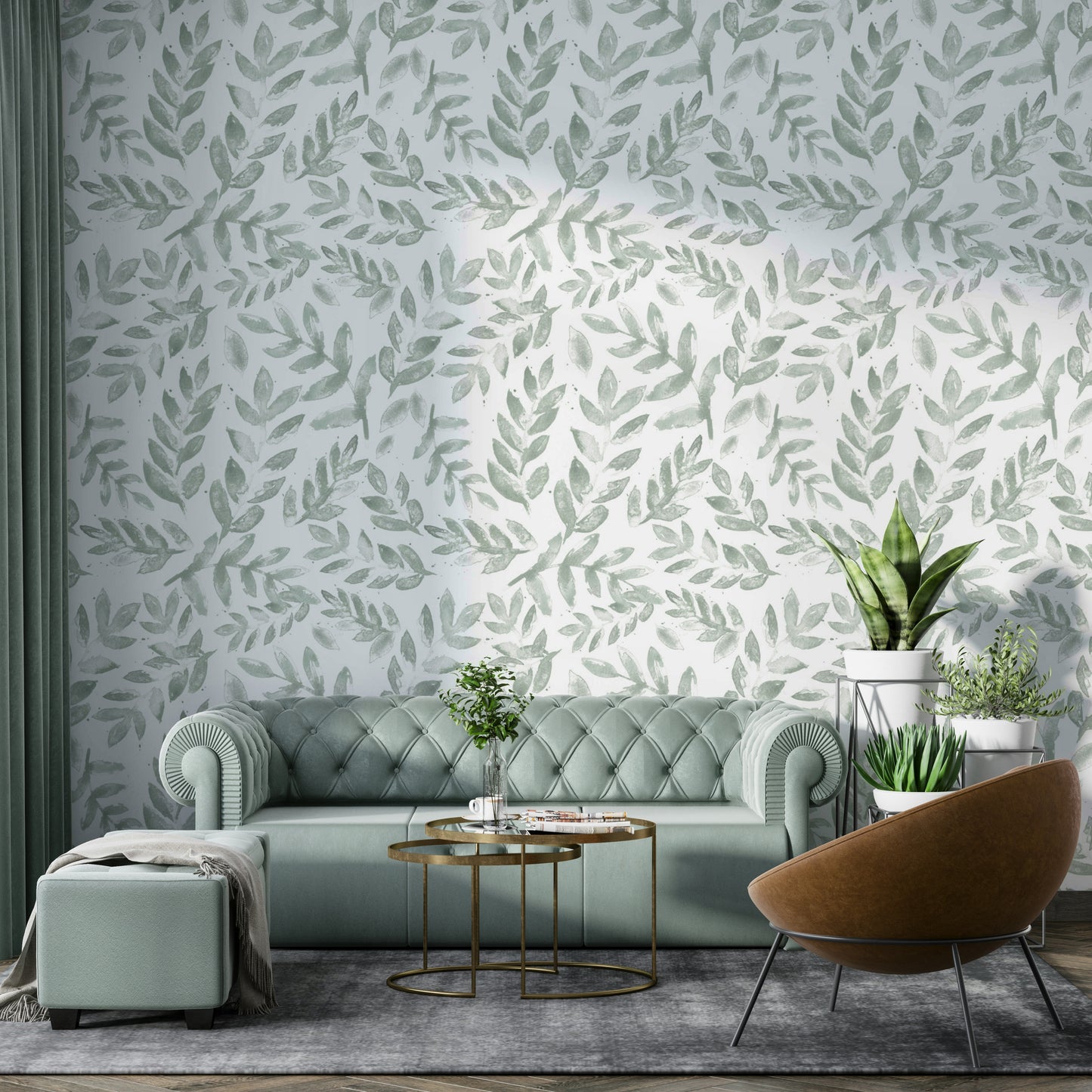 Bright Watercolor Botanical Wallpaper on a living room wall


