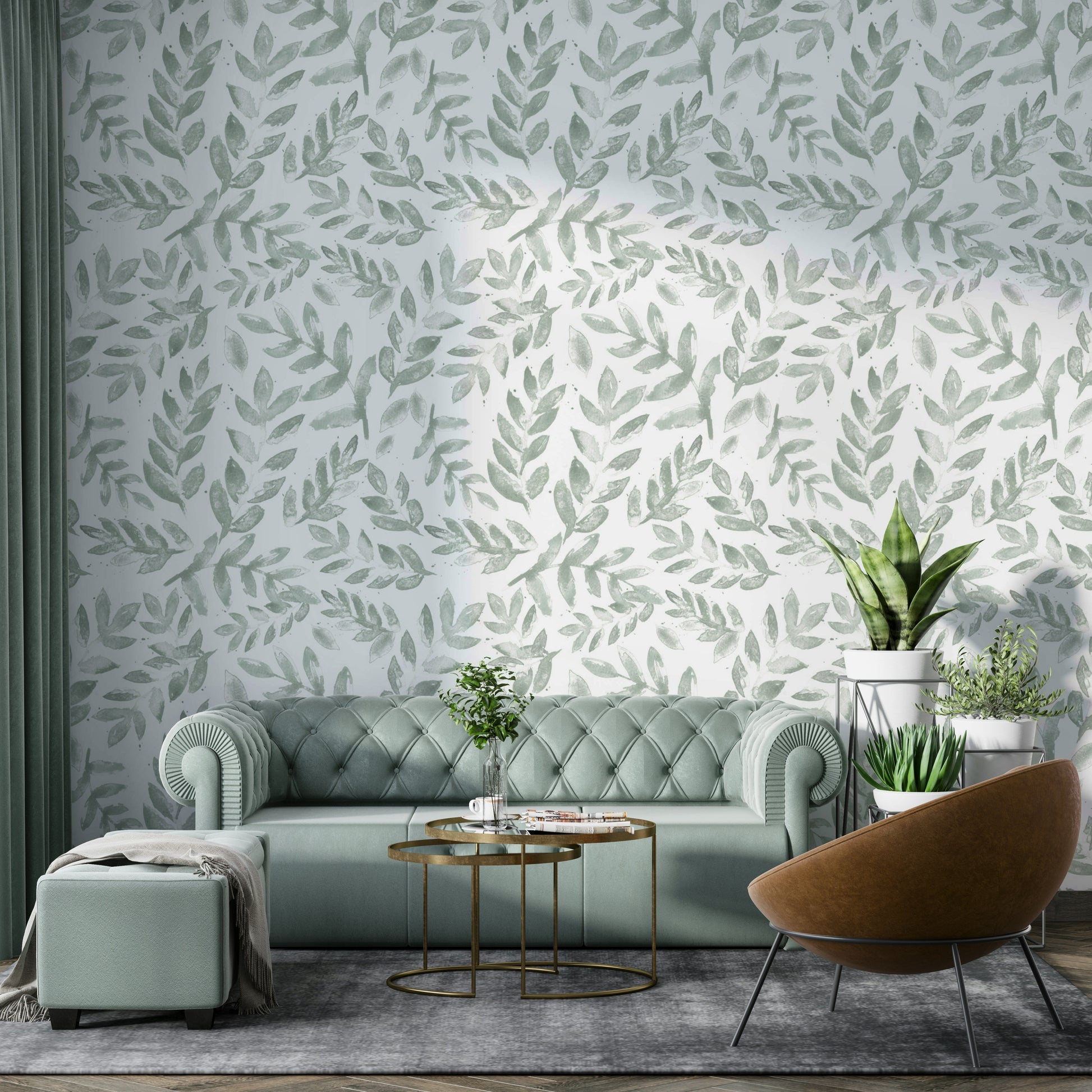 Bright Watercolor Botanical Wallpaper on a living room wall

