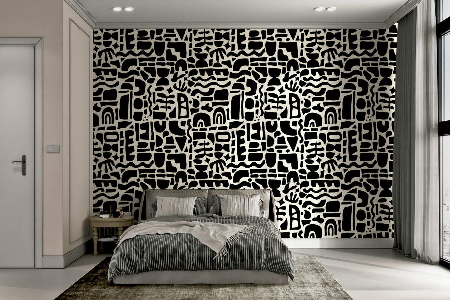 A bedroom with a unique, minimalist wall design

