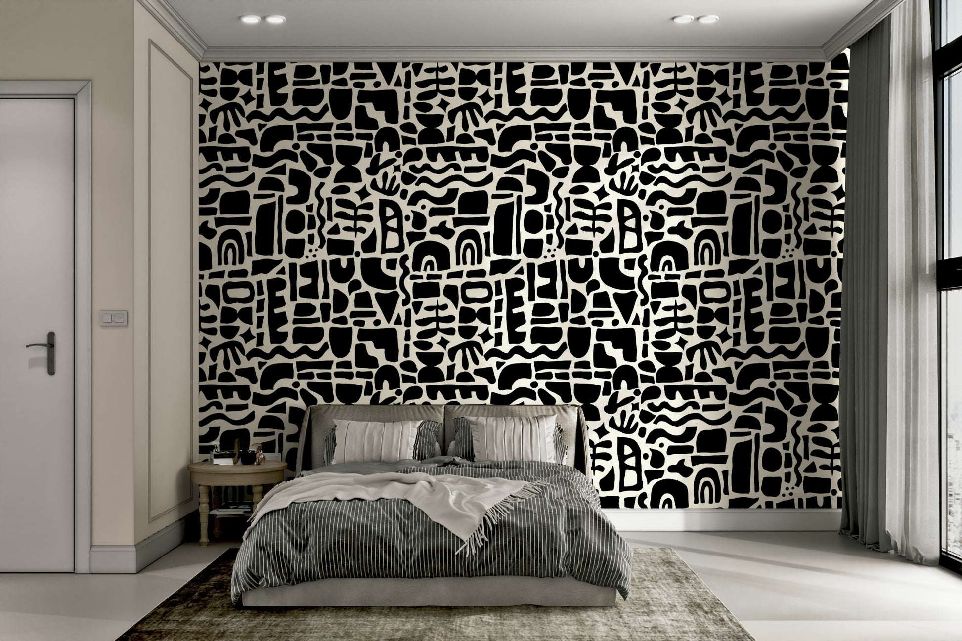 A bedroom with a unique, minimalist wall design

