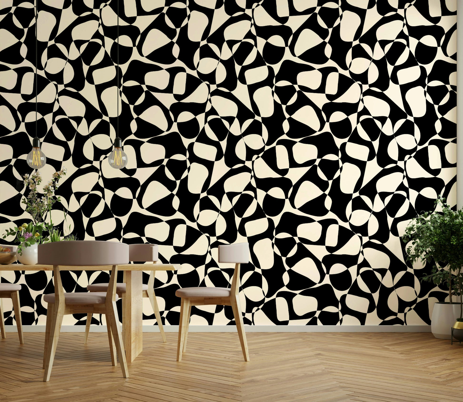 A studio decorated with a unique shapes wallpaper

