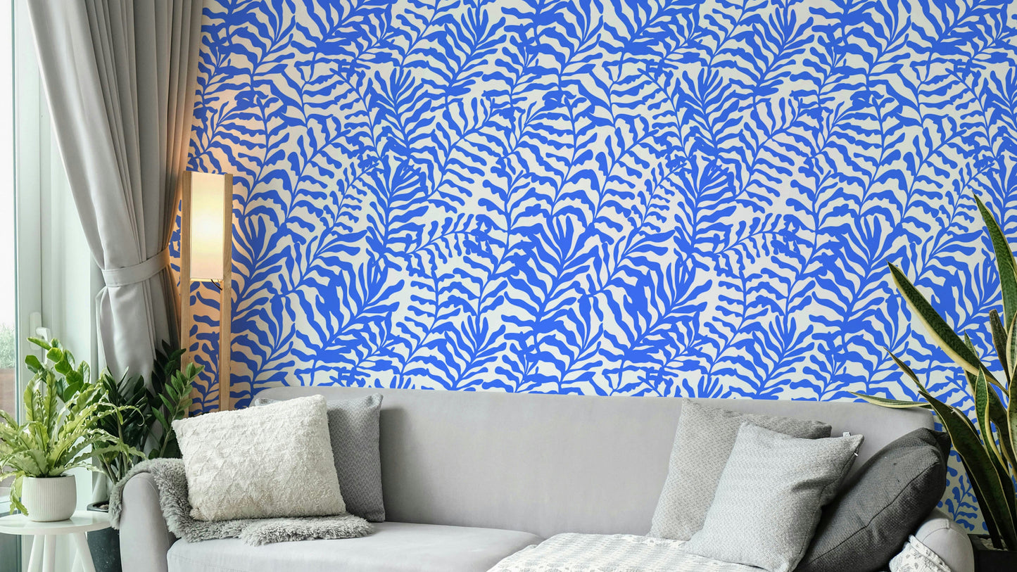 Blue Matisse leaves wall mural.
