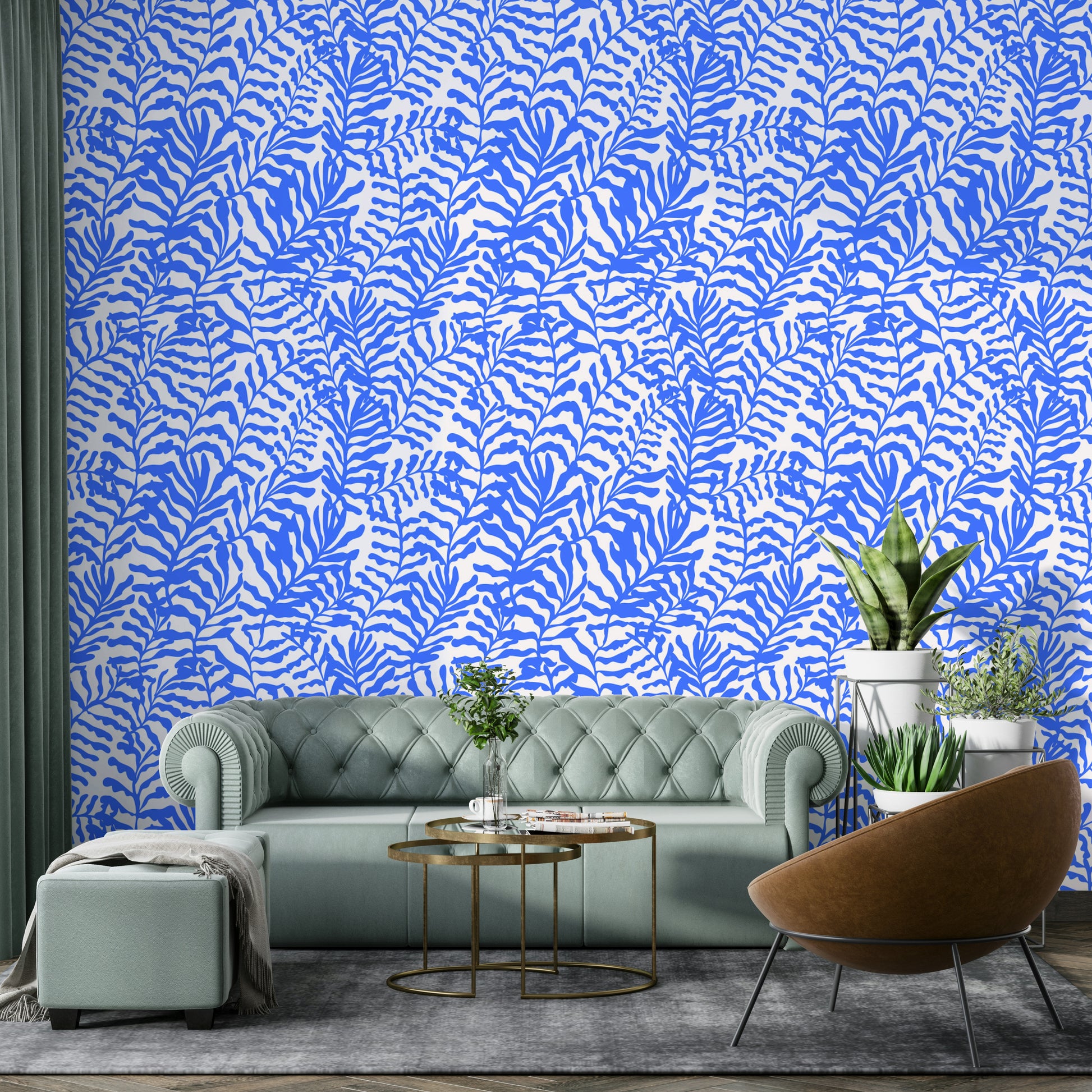 Wall mural with blue abstract leaves.
