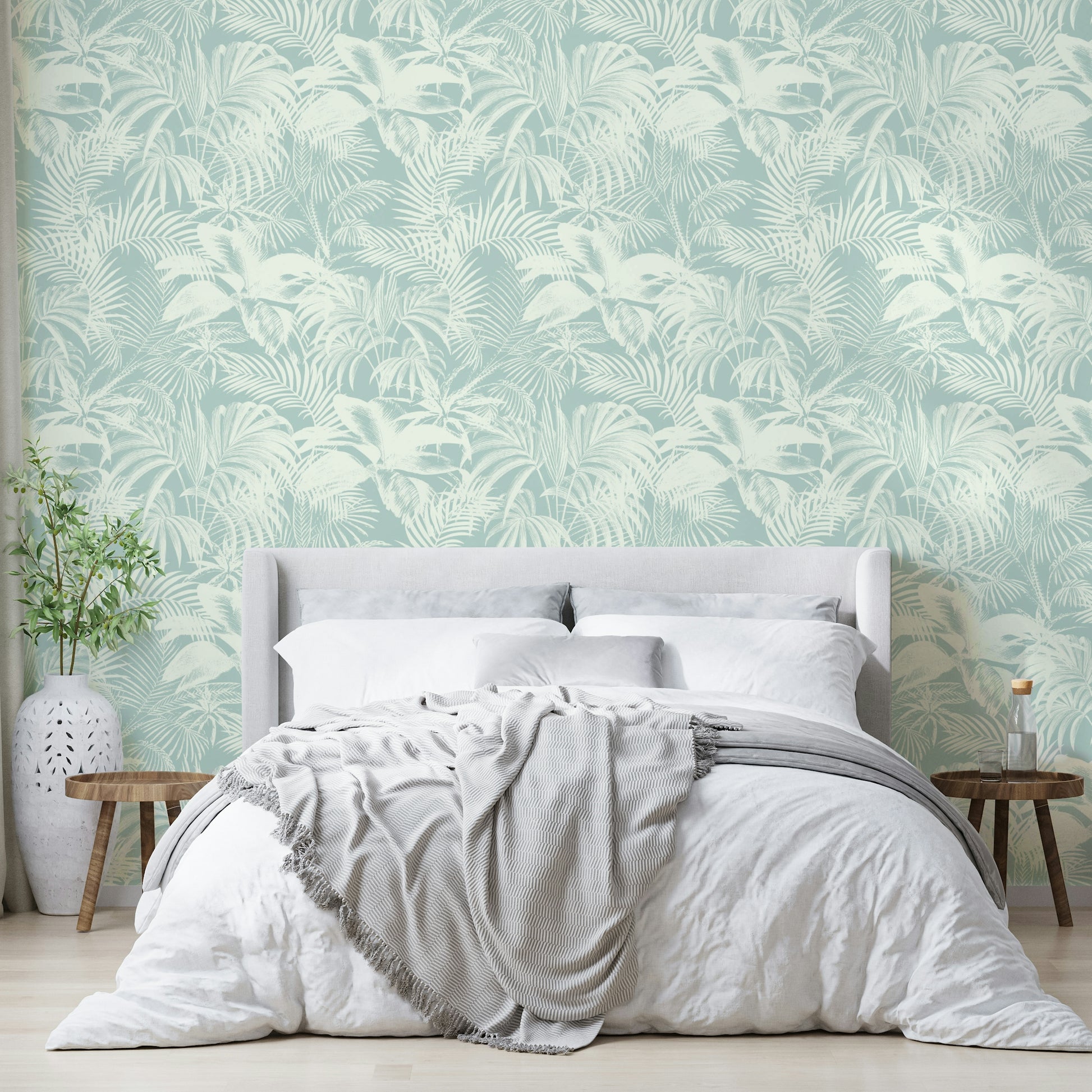 Gray and white palm tree wallpaper.
