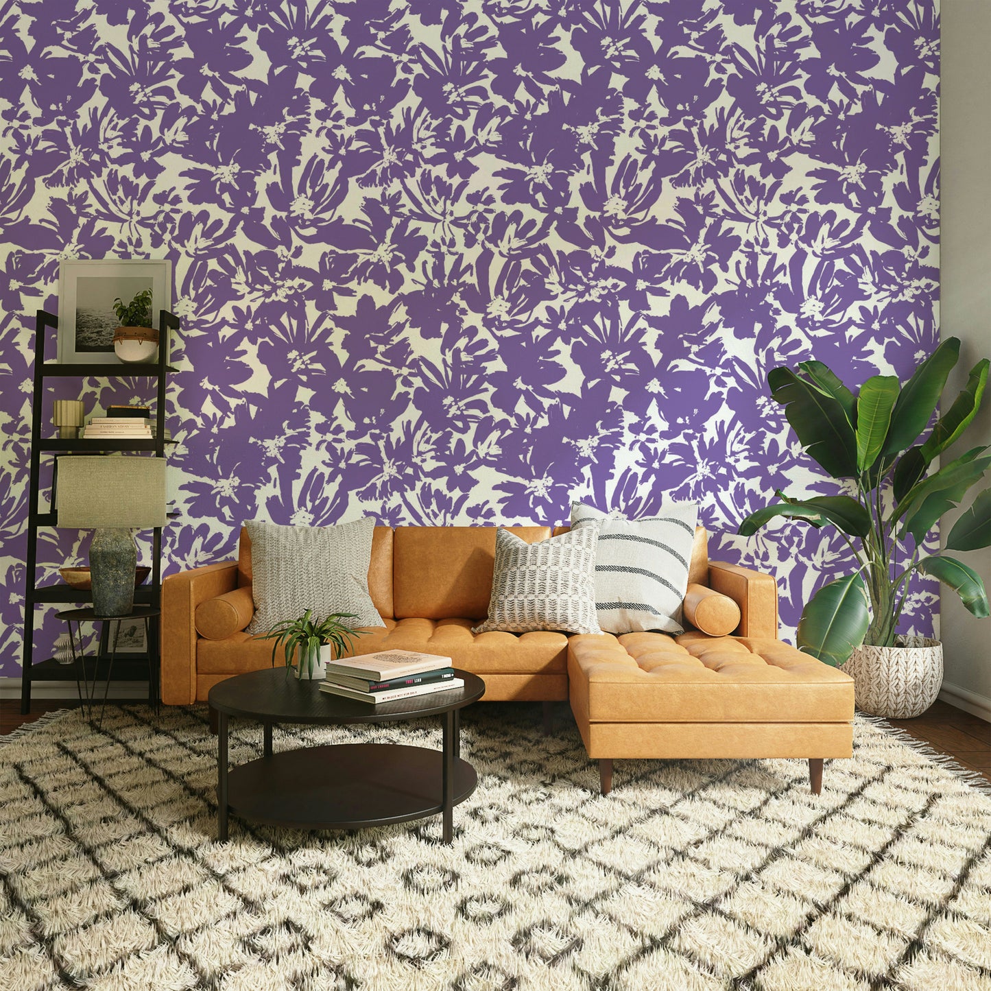 Wall mural with soft purple brushstrokes.

