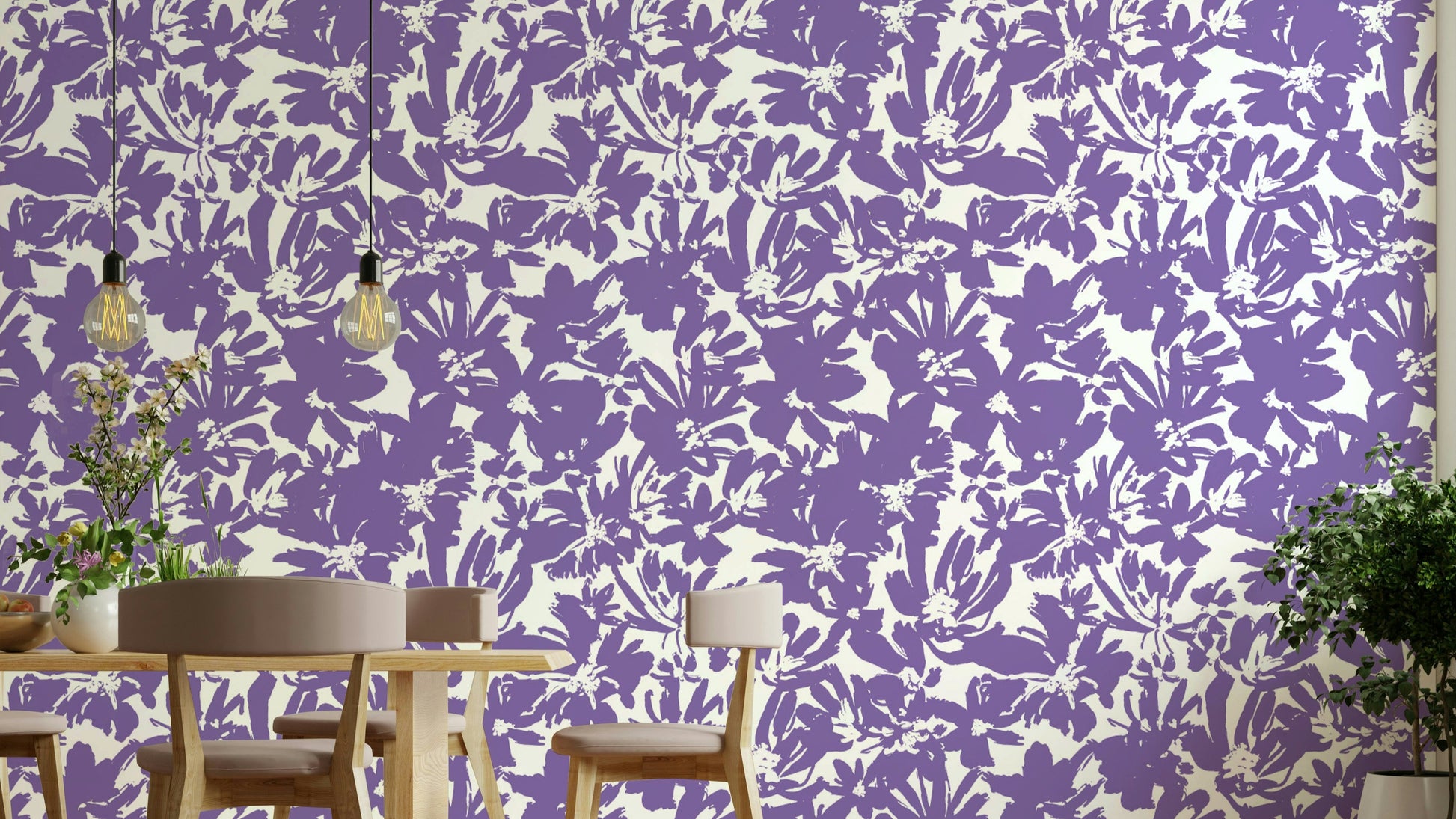 Artistic floral wallpaper for a bedroom.
