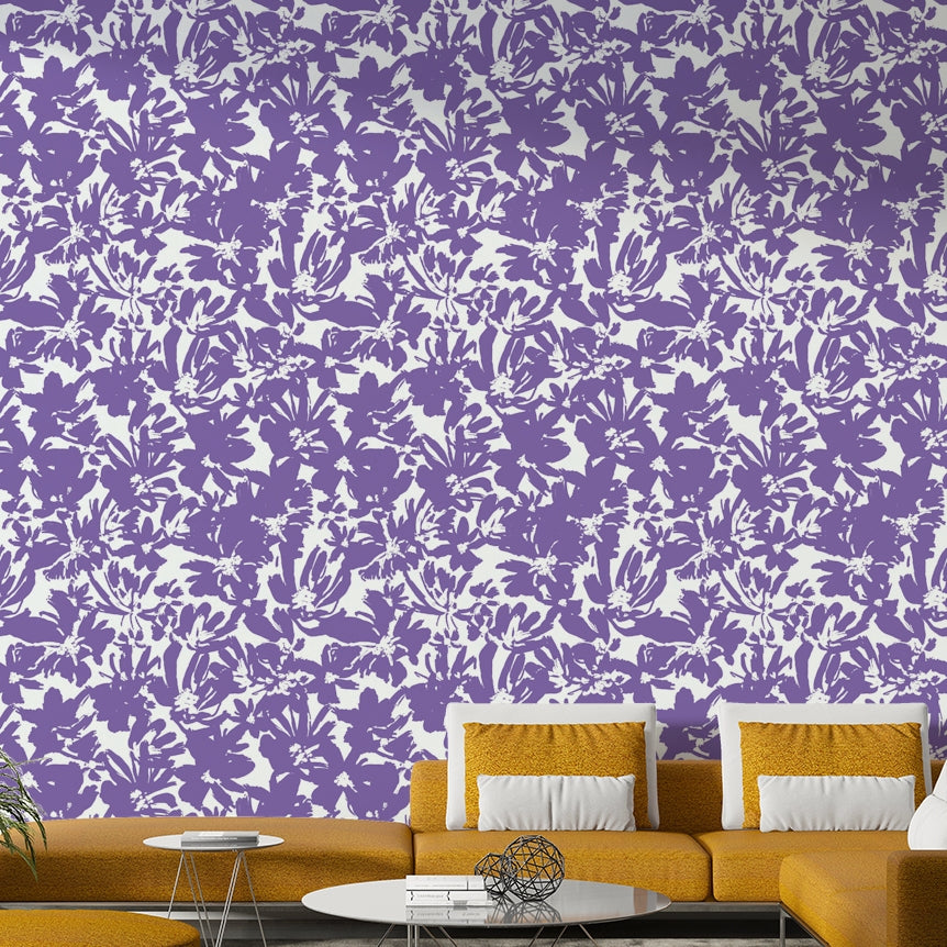 Mural of painted purple blossoms.
