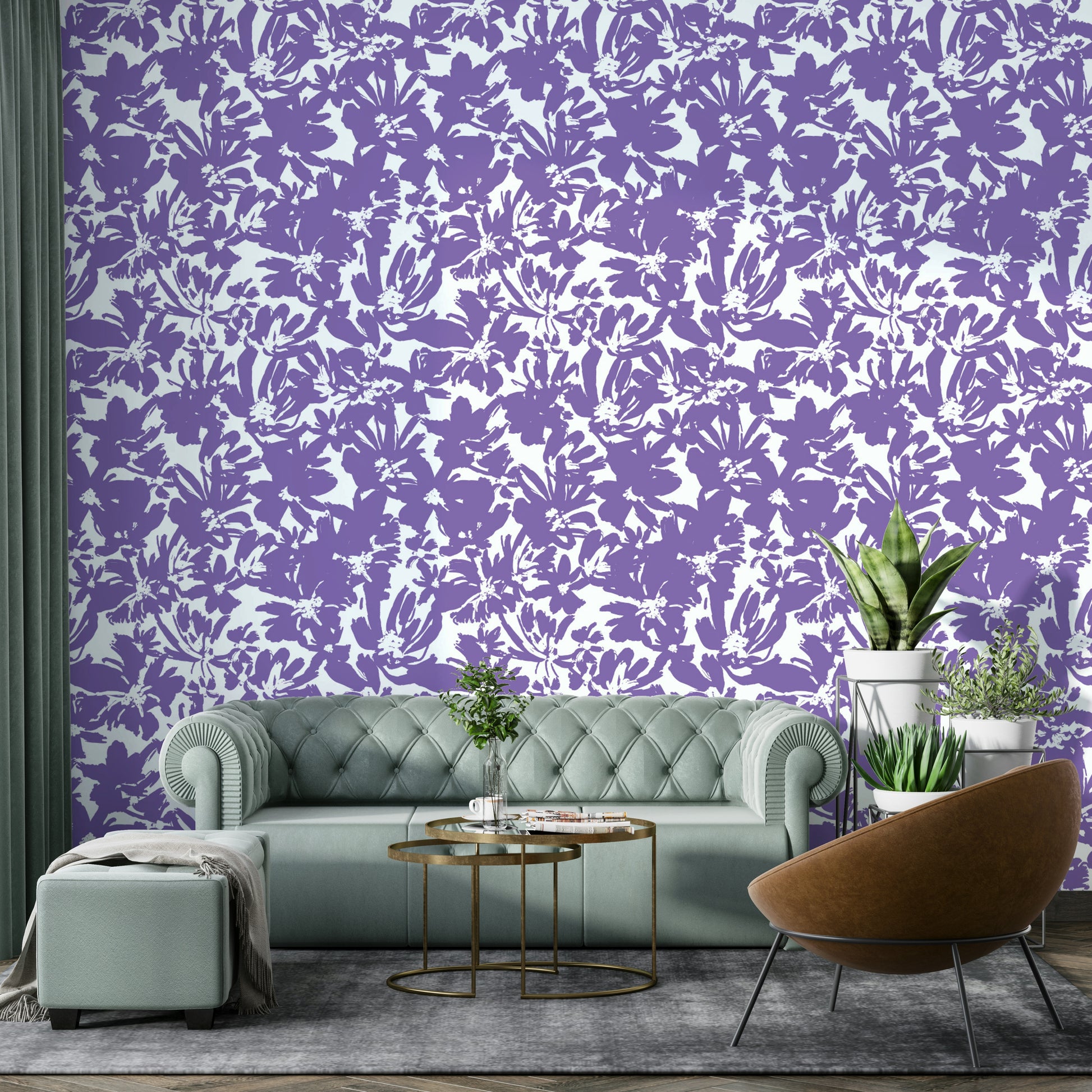 Abstract painted purple flowers wall mural.
