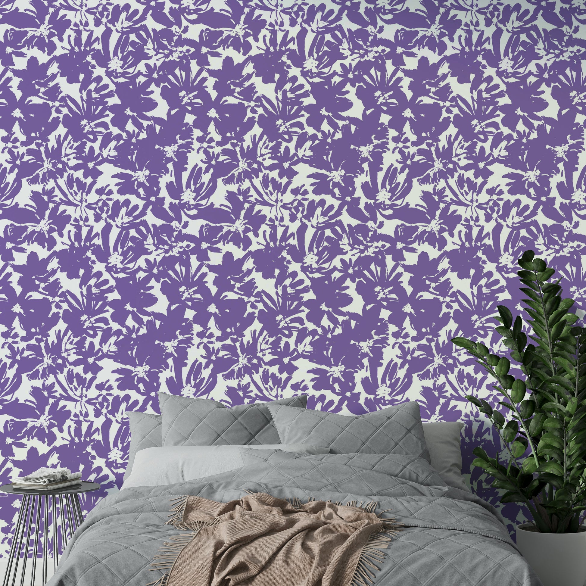 Purple flowers on canvas wallpaper.
