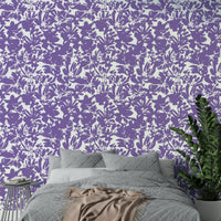 Purple flowers on canvas wallpaper.
