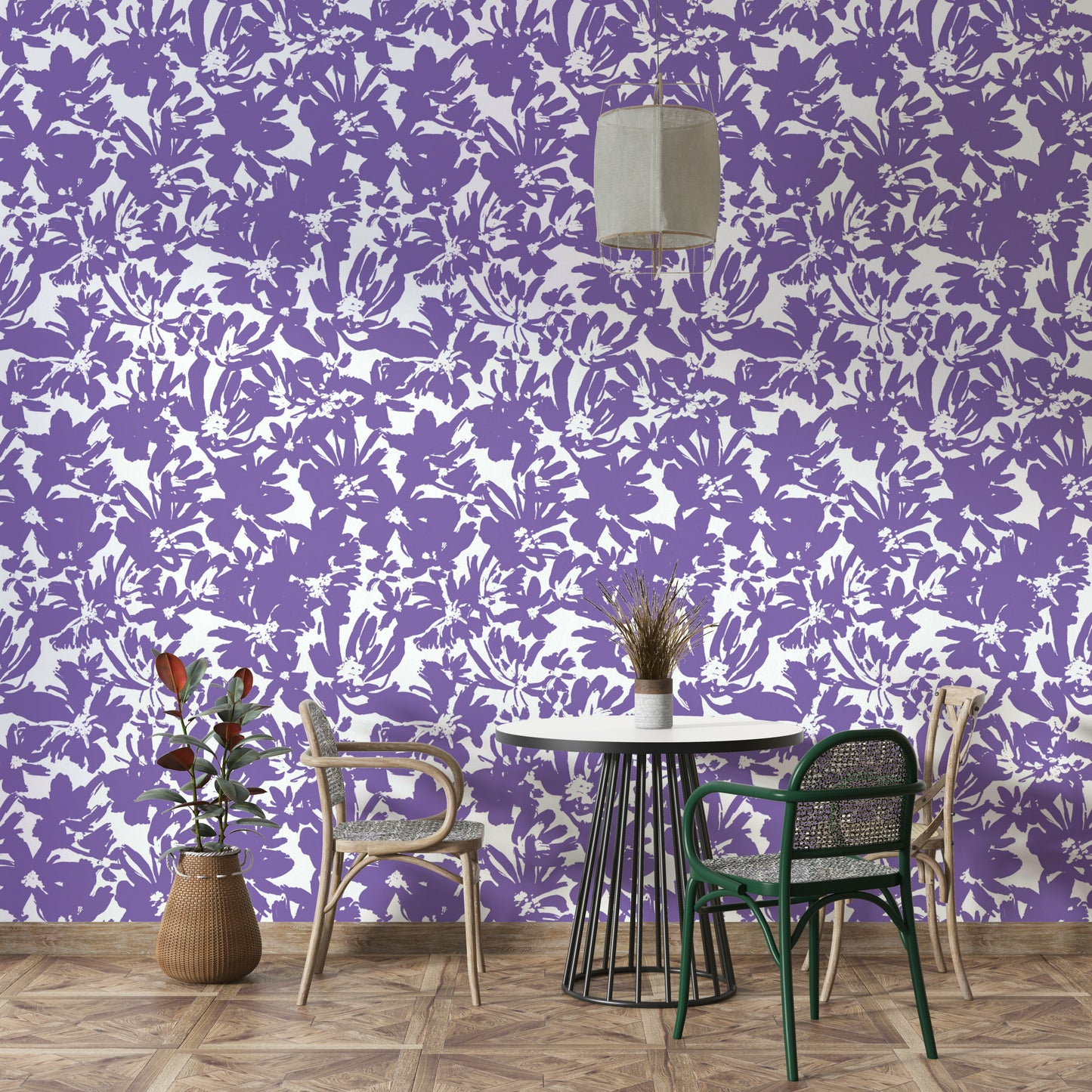 Painted purple floral wallpaper.
