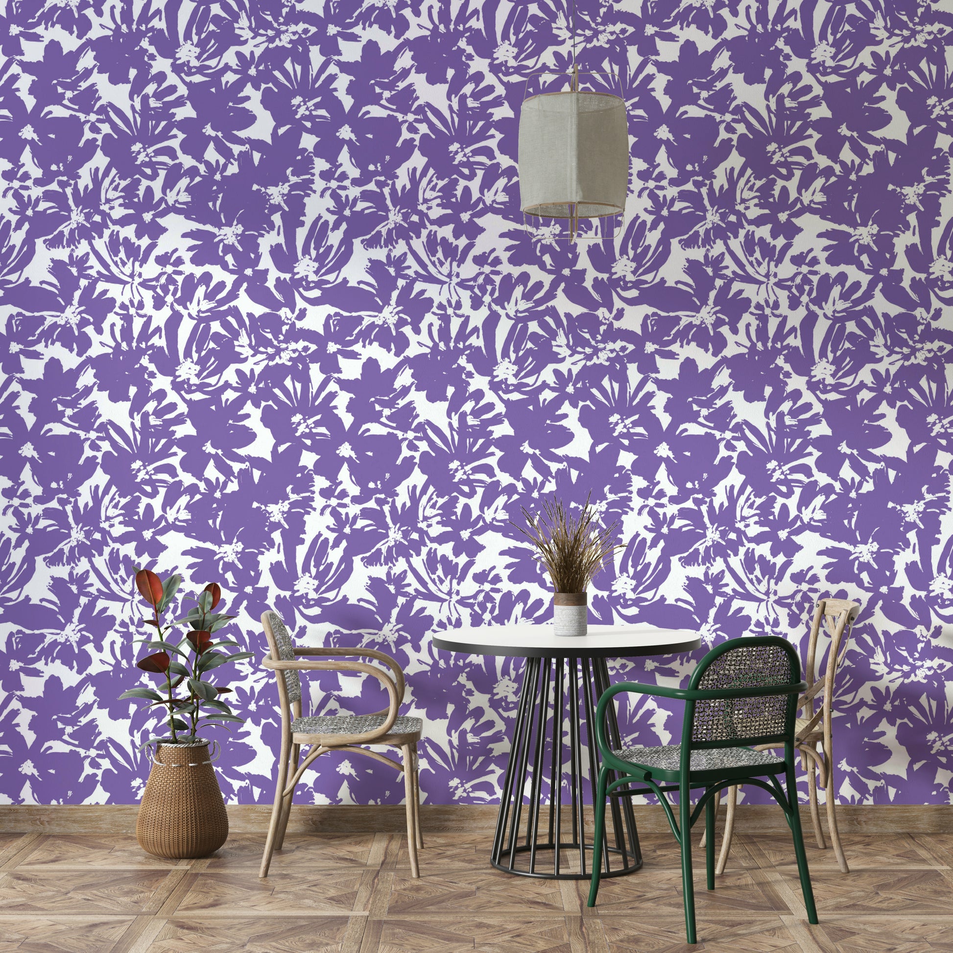 Painted purple floral wallpaper.
