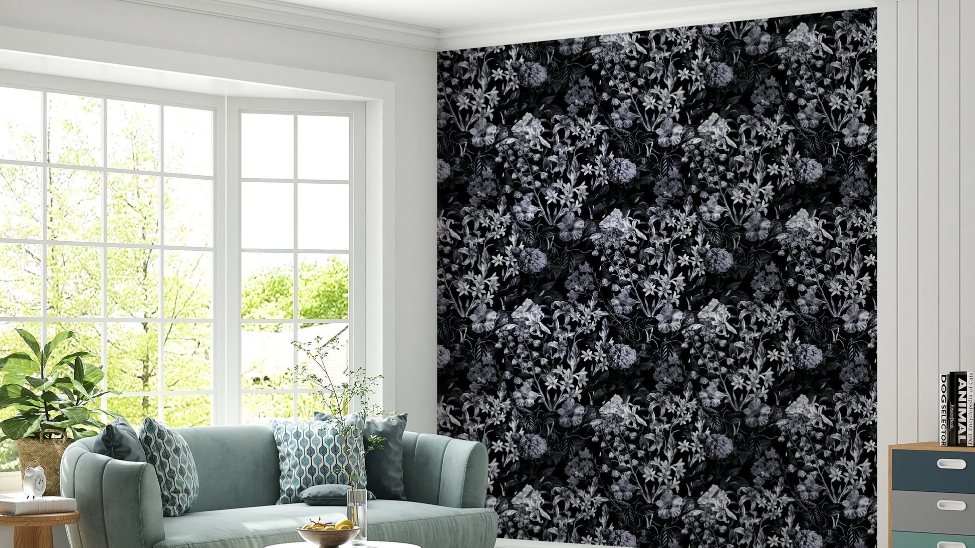 Dark botanical wallpaper for home decor.
