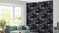 Dark botanical wallpaper for home decor.
