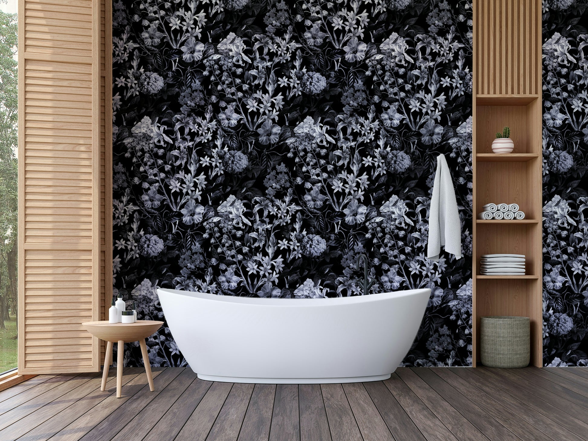 Floral wallpaper with a dark background.
