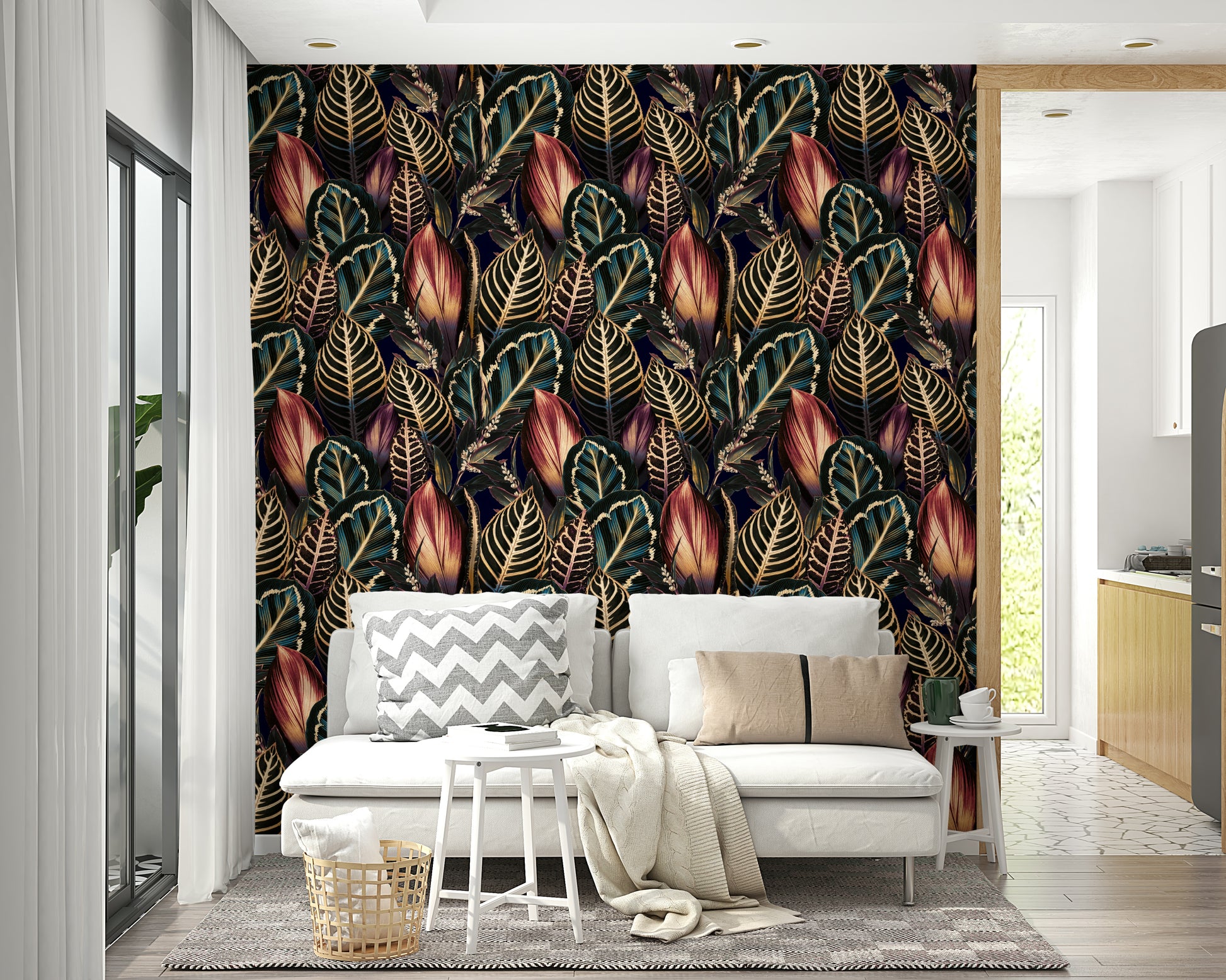 A full-wall mural showing a botanical pattern on a dark background.
