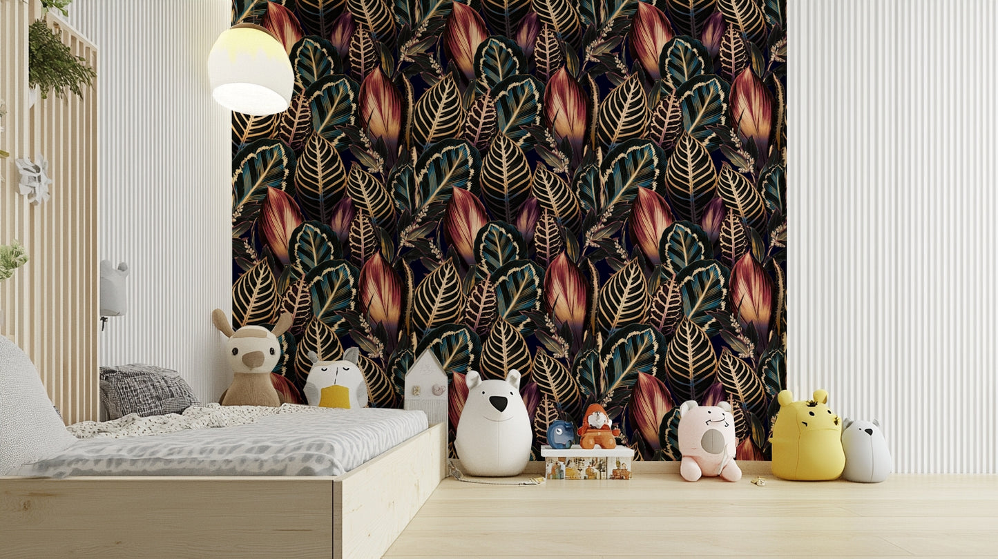 This wallpaper is suitable for a dining room, a bedroom, or a chic living space.
