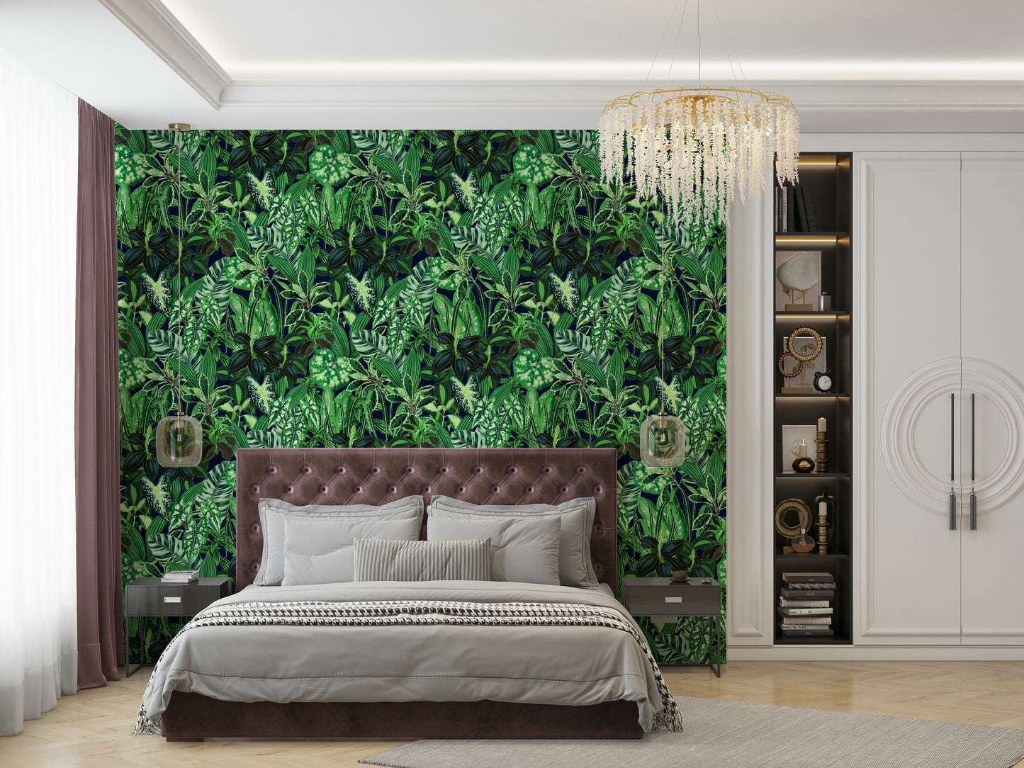 A full-wall mural showing a dense tropical scene.
